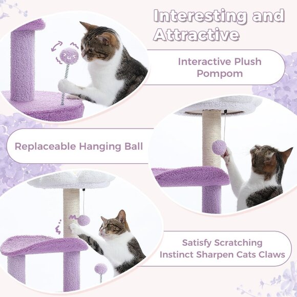 New 32-Inch Purple Flower Cat Tree Tower with Scratching Post - Condo for Cats - Picture 9 of 10